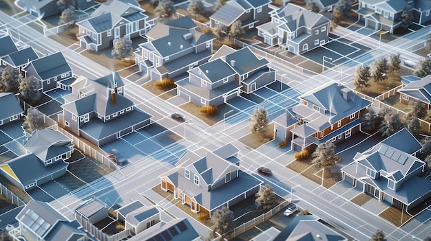 A network of smart homes in a suburban neighborhood visualized with digital overlays