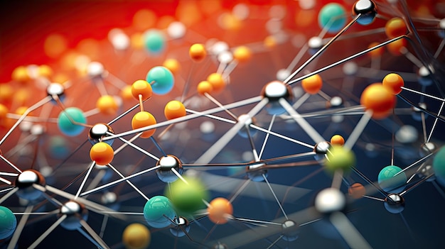 Photo network structure chemical bonds in molecular level of lines and points dots and connections