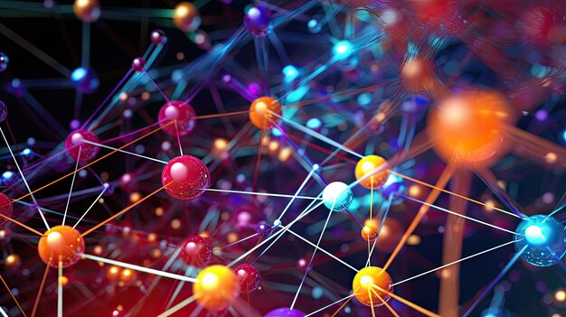 Photo network structure chemical bonds in molecular level of lines and points dots and connections