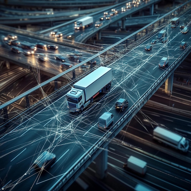 Photo network of vehicles trucks and cars on the highway with digital connections between them