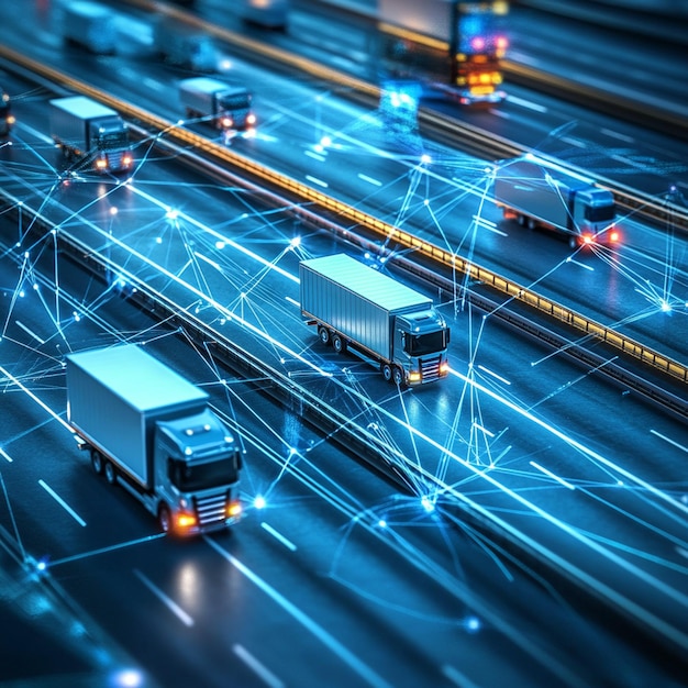 Photo network of vehicles trucks and cars on the highway with digital connections between them