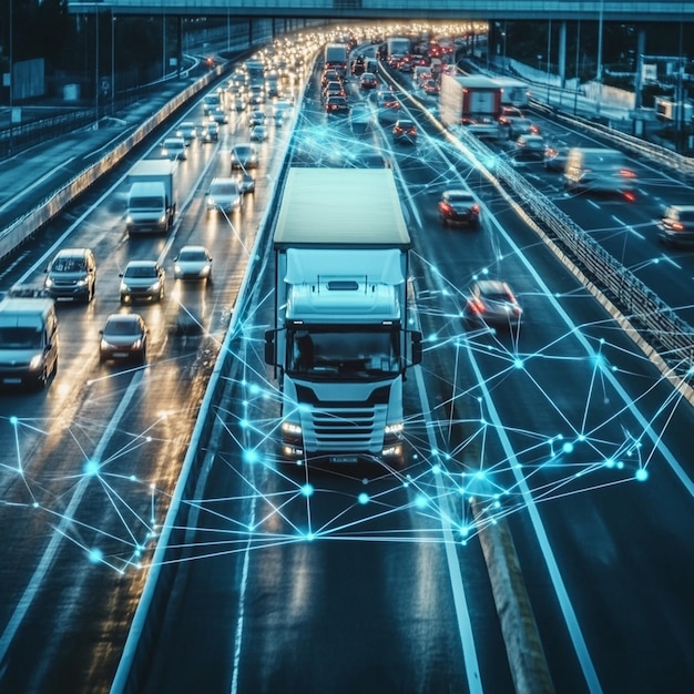 Photo network of vehicles trucks and cars on the highway with digital connections between them