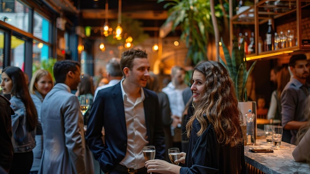 A networking event in a stylish venue where business professionals exchange ideas share business