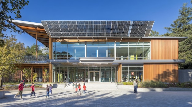 NetZero School with Students Playing Outside