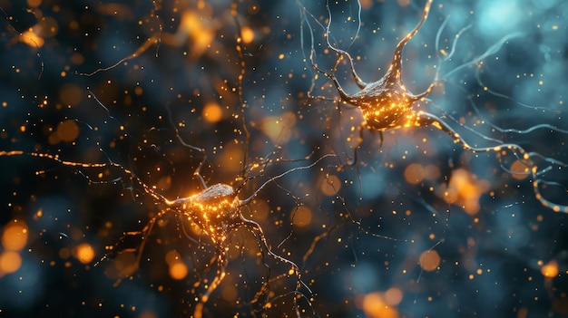 Photo neural cells featuring luminescent connections resembling knots glowing neurons within the brain