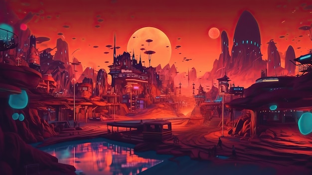 Neural generated amusement park on Mars futuristic and retro Synthwave style A fun and colorful space adventure scifi project