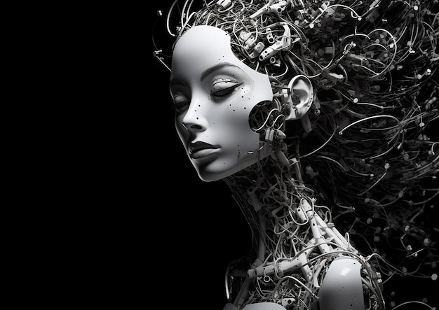 Neural network depicted as beautiful woman black and white image with black background