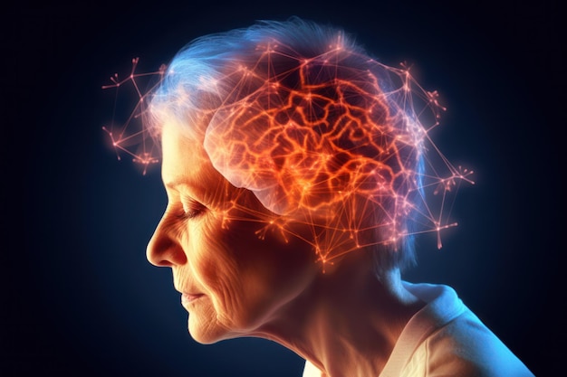 Neural network of senior woman head challenges dementia human brain diseases and mental disorders