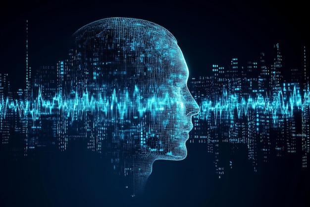 Photo neural oscillation biorobotics and neurophysiology digital human head with data waves visualizing t