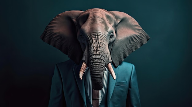 Neural portrait of a man in a business suit with an elephant head representing leadership endurance and the capacity to overcome obstacles in the pursuit of success