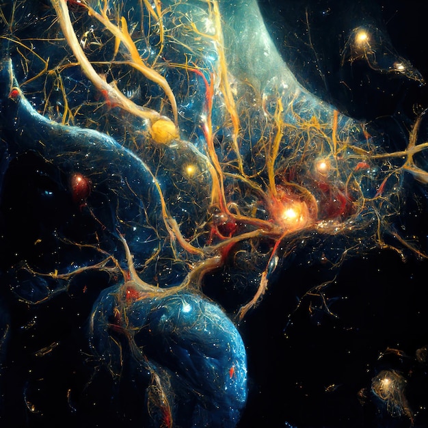 Neuron cell illustration with nervous impulses along dendrites Neural connections in outer space