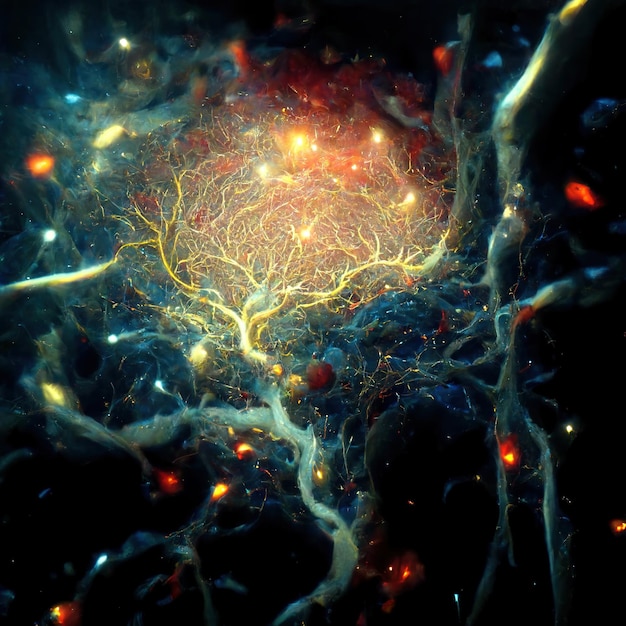 Neuron cell illustration with nervous impulses along dendrites Neural connections in outer space