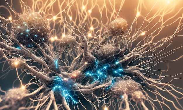 Neuron cells communicating with orange electric signals Generative AI