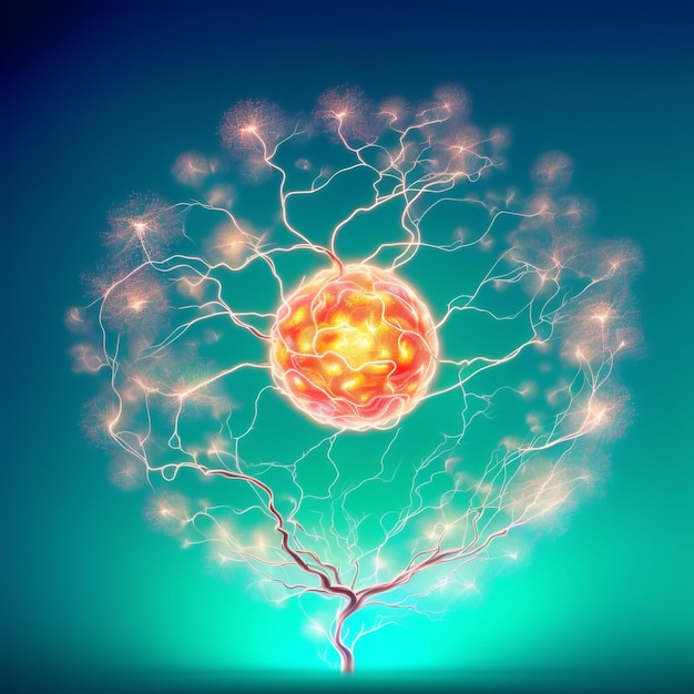 Neuron cells with glowing link knots Generative AI