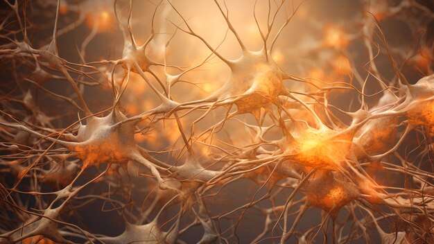 Neuron cells with glowing link knots Red Neurons in brain Generative AI