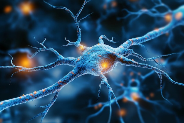 Neuron decay bioelectric transmission and cognitive decline blue neuron with glowing connections vi