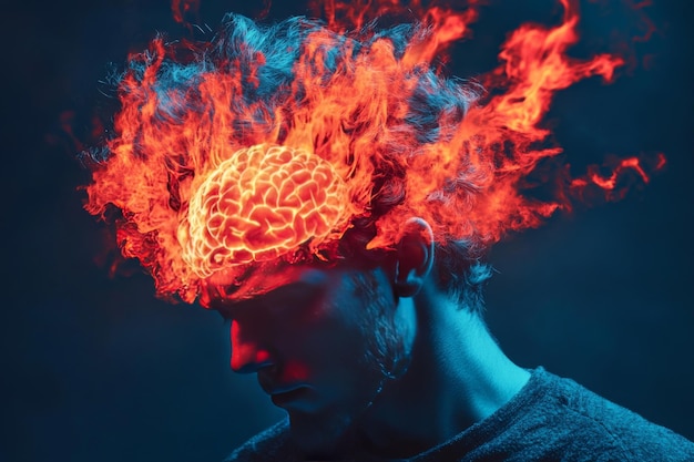 Photo neuron impulse cognitive strength and cerebral energy side profile of a person with a fiery brain e