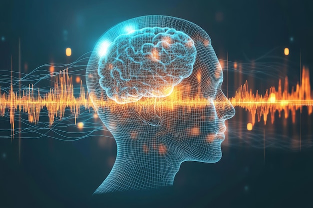 Neuron signal brain computation and synaptic connection glowing human brain with sound waves visual