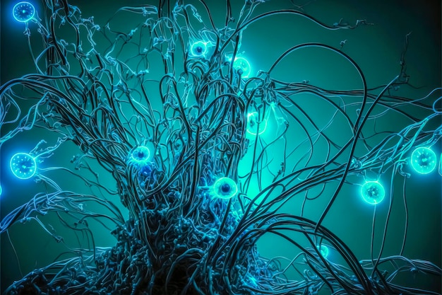 Neuron, strings of led lights, modern illustration background with vibrant colors and electronic parts, created with Generative AI technology