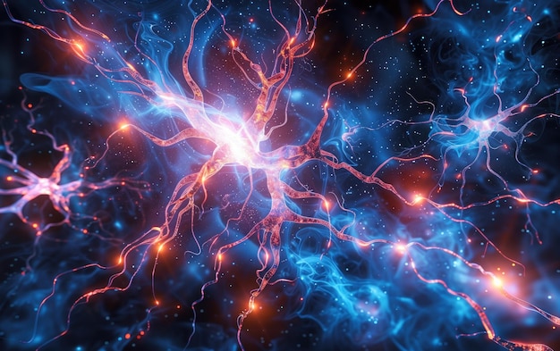 Neuronal Network Synaptic Activity Illustration Digital illustration of a complex neuronal network with synaptic activity glowing in a deep blue space