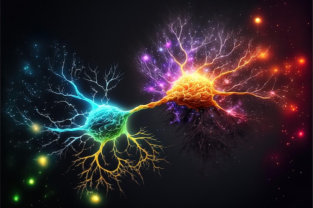 Neurons synapses bright colors lightning bolts stars linkedin colors splash elements Brain neurons and electrical signals branching dendrites concept Generative AI