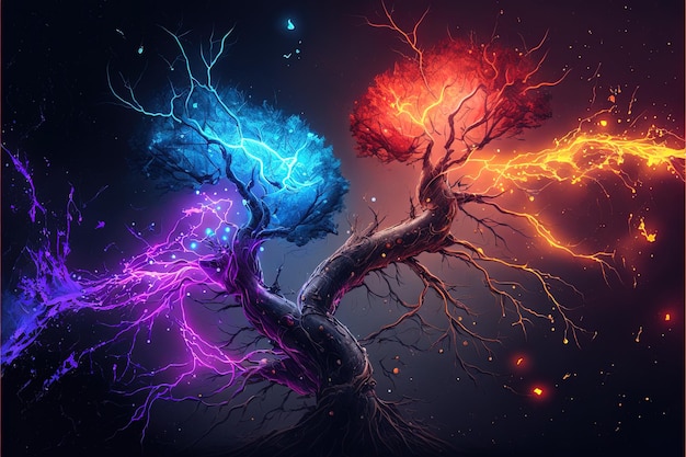 Neurons synapses bright colors lightning bolts stars linkedin colors splash elements Brain neurons and electrical signals branching dendrites concept Generative AI