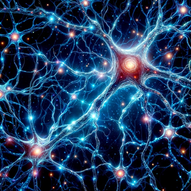 Photo neurons with glowing synapses in microscopic view