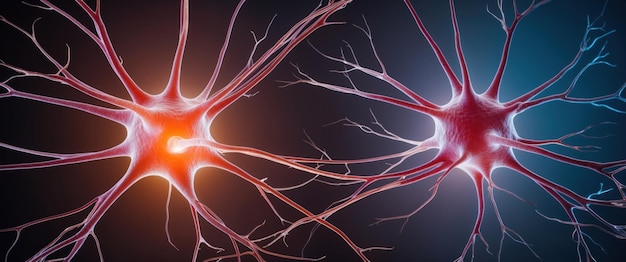 Photo neurons with long dendrites connecting illustrating complex neural networks