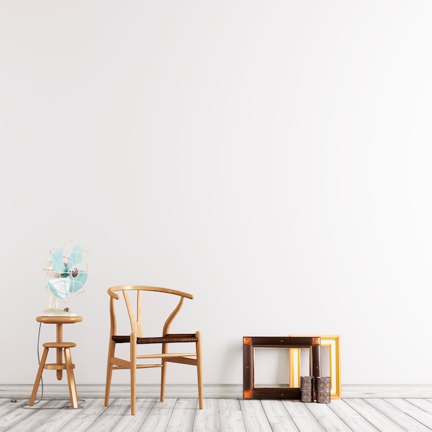 Neutral interior mockup with wooden chair teable with fan in empty wall background 3D rendering