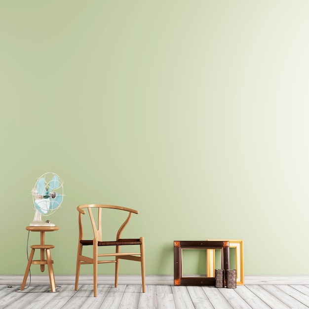 Neutral interior mockup with wooden chair teable with fan in empty wall background 3D rendering