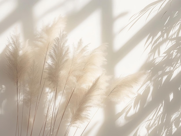 Photo neutral pampas grass with beautiful sunlight shades and shadows on the wall minimalist sustainable neutral background