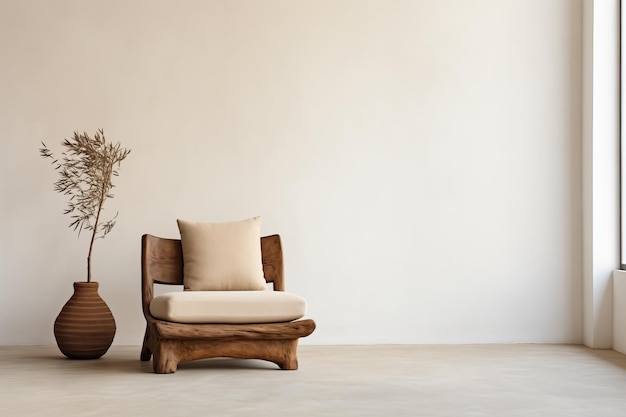 Neutral Toned Burlap Lounge Chair Against White Wall with Wooden Accents