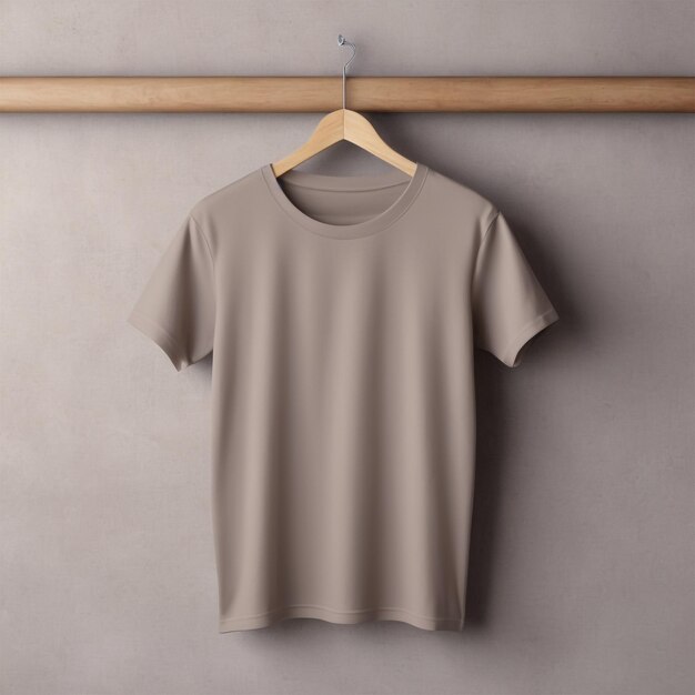 Photo neutral tones mockup of plain taupe tshirt on wooden hanger