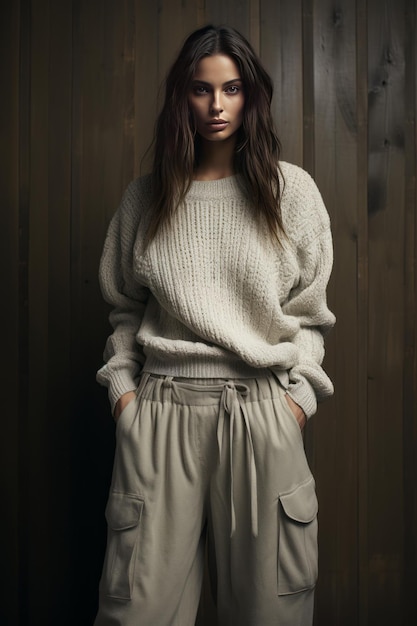 Neutraltoned Oversized Sweater Paired with Cropped Pants Generative AI