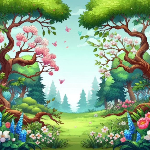 Neverending nature background with multiple layers for a 2D game depicting a spring forest