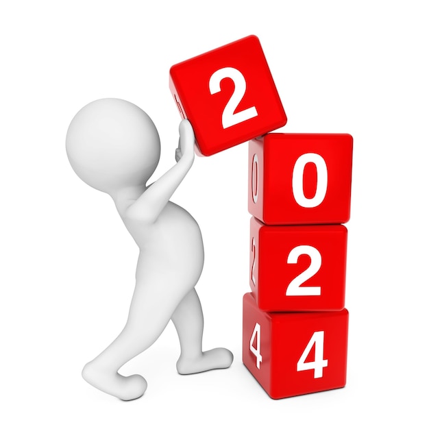 New 2024 Year Concept Person Placing 2024 New Year Cubes on a white background 3d Rendering