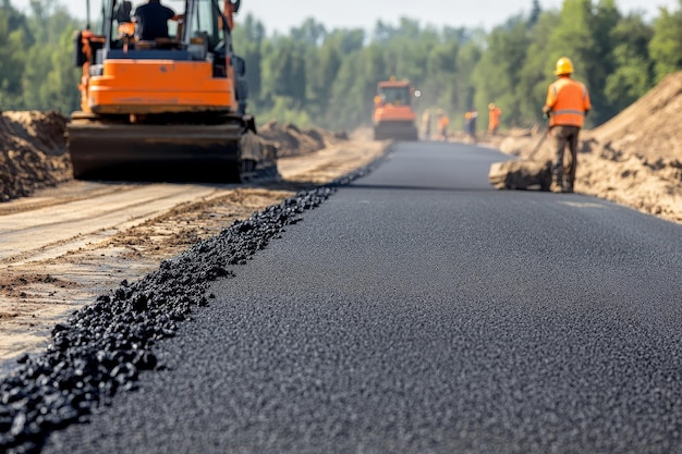 Photo new asphalt road pavement installation at construction site with workers and machinery in action