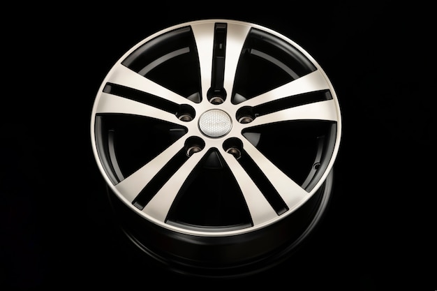 New black matte alloy wheel, close-up on a dark background. spokes of the disk with a silver groove. front view.