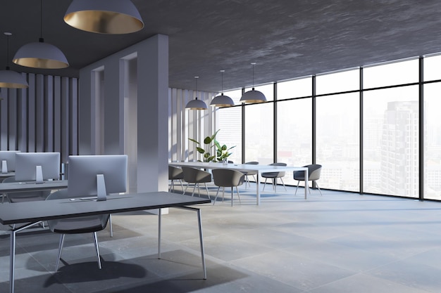 New boardroom office interior with furniture panoramic window with city view and daylight 3D Rendering