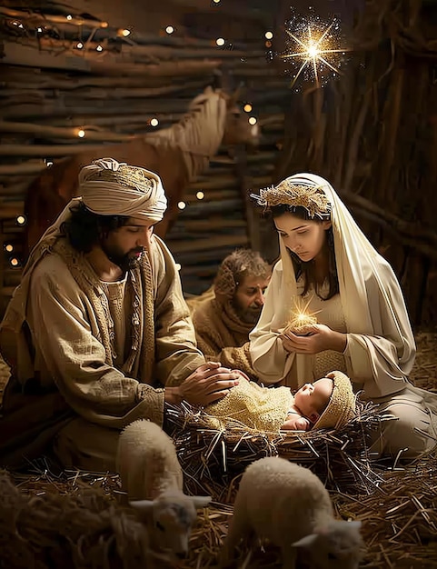 new born jesus in a manger with mary and joseph with the star sparkles christian