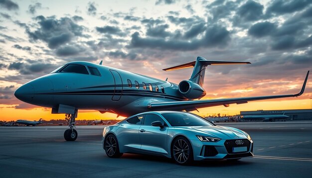 the new car is parked on the tarmac with a sunset behind it