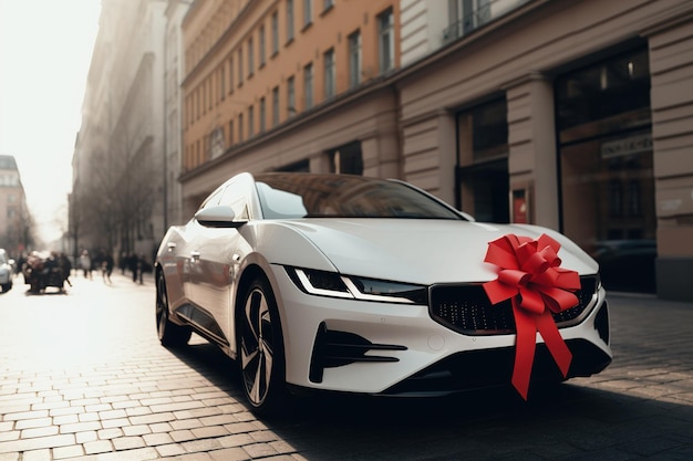 The new car is wrapped in a red bow beautiful gift concept generative ai