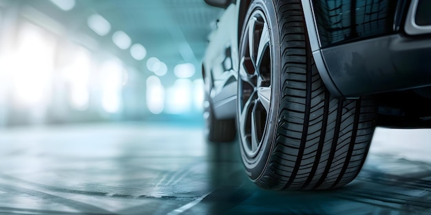 New car tires against a blurred garage backdrop with car wheels Concept Car Tires New Garage Backdrop Blurred Car Wheels