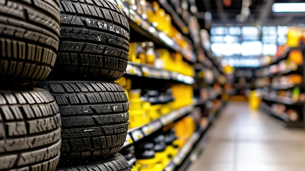 New Car Tires Stacked on Shelves in a Retail Store