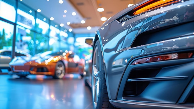 New cars display in luxury showroom with light bokeh in motor show event