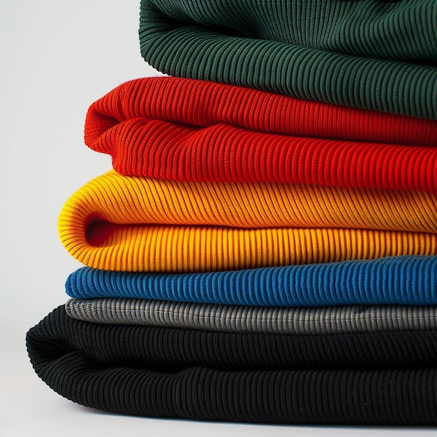 Photo new colored clothing stacked in a pile closeup on white backgroun