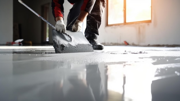 New concrete screed with selfleveling cement for floors Sign announcing a house renovating a large building