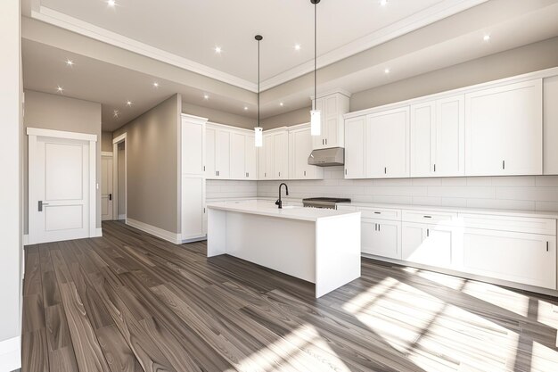 New construction modern kitchen with white cabinets and hardwood floors