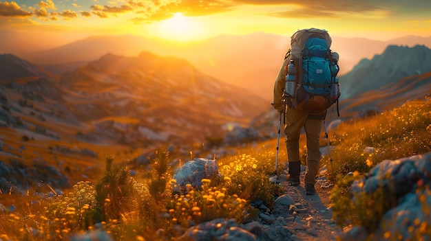 A new day in the wilderness Photo realistic concept of a backpacker enjoying sunrise view on a trai