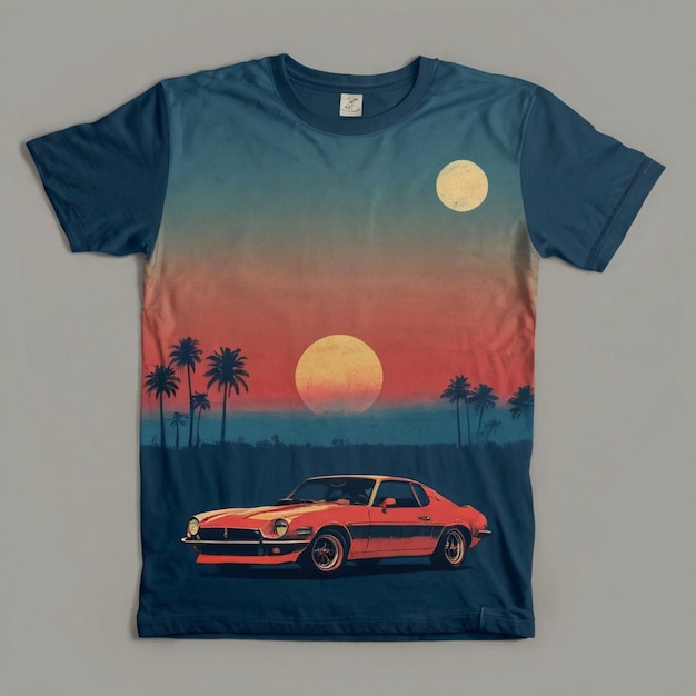 Photo new design multi color tshirt sunset and nature design and the tshirt has a car design